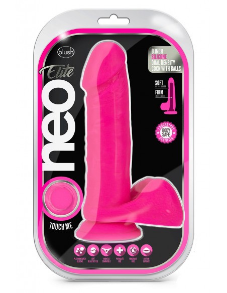 NEO ELITE 8 INCH SILICONE DUAL DENSITY COCK WITH BALLS NEON PINK