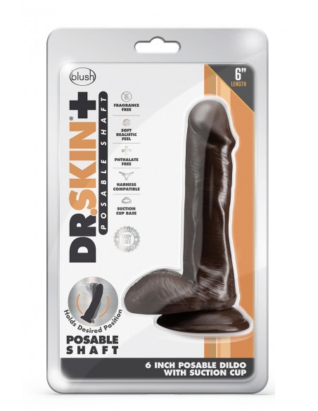 DR. SKIN PLUS  6 INCH POSABLE DILDO WITH BALLS  CHOCOLATE